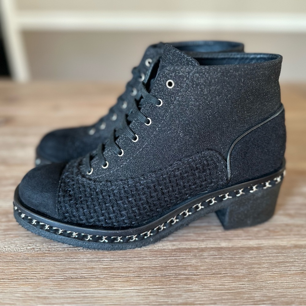 CHANEL CC chain mixed media ankle boots size 41